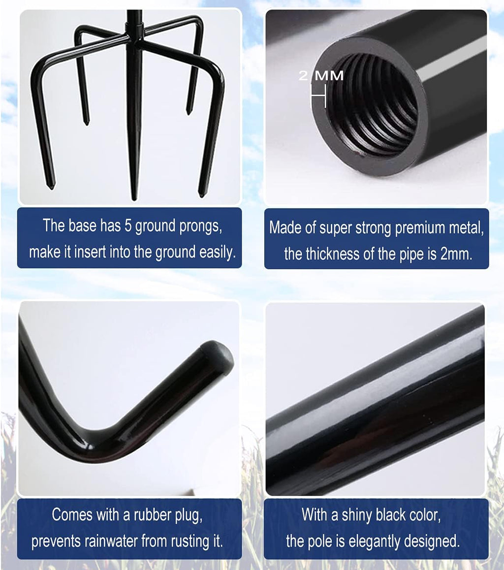 Shepherds Hook for Outdoor Bird Feeders Pole 76 Inch Tall, Adjustable Heavy Duty Garden Hanger Stake Pole with 5 Prong Base, Shiny Black (2 Packs)