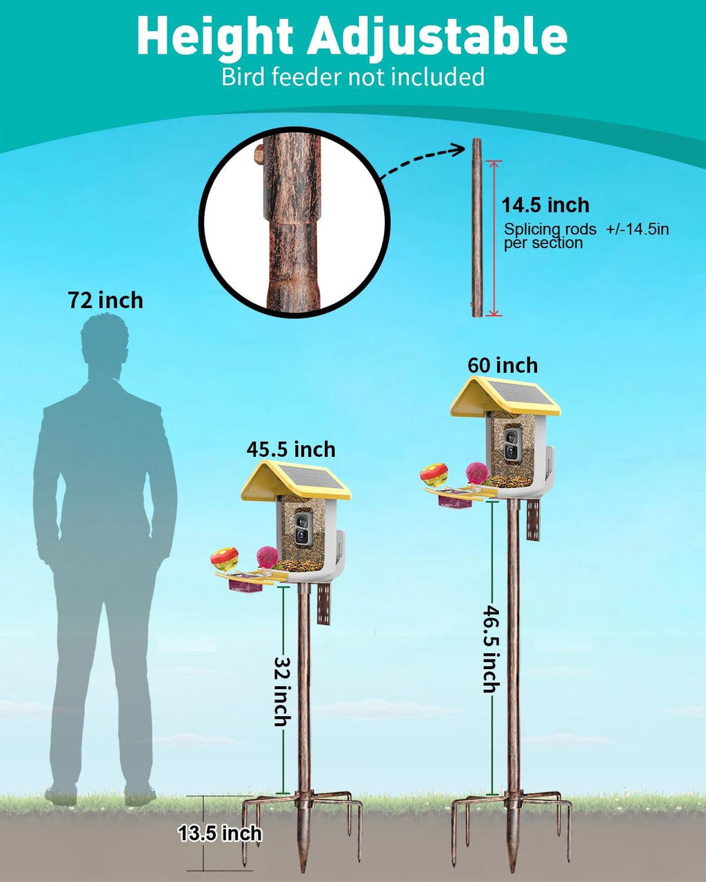 Bird Feeder Pole – 60 Inch Height Bird House Pole with 1-Inch Dia Heavy Duty for Birdfeeders, Feeding Stand with Mount Kit for Outdoor, Slip-Fit Connection, Copper Brushed