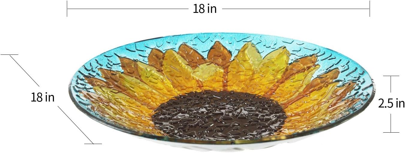 Glass Bird Bath Garden Hand Painted With Crushed Glass Bowl - Large Wild Bird Feeder for Garden, Yard, Patio, Lawn Decor - 18 x 2 x 18 Inches, 64oz