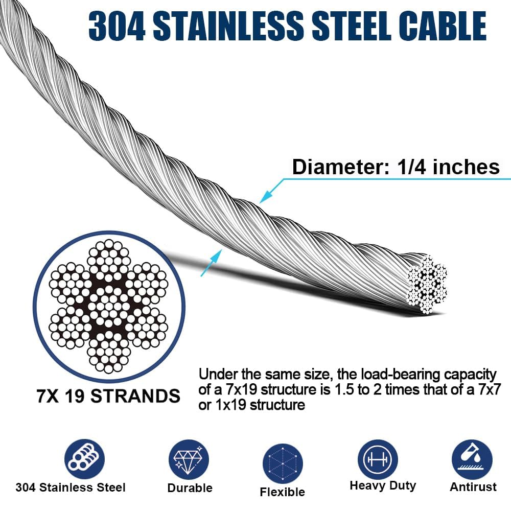 1/4" Wire Rope Kit, 50ft Stainless Steel Cable with 2Pcs 1/4 Turnbuckle, Clamp & Thimble, 7x19 Strands Heavy Duty Metal Cable,1400 lbs Load Limit, Turnbuckles for Cables Wire, Zipline