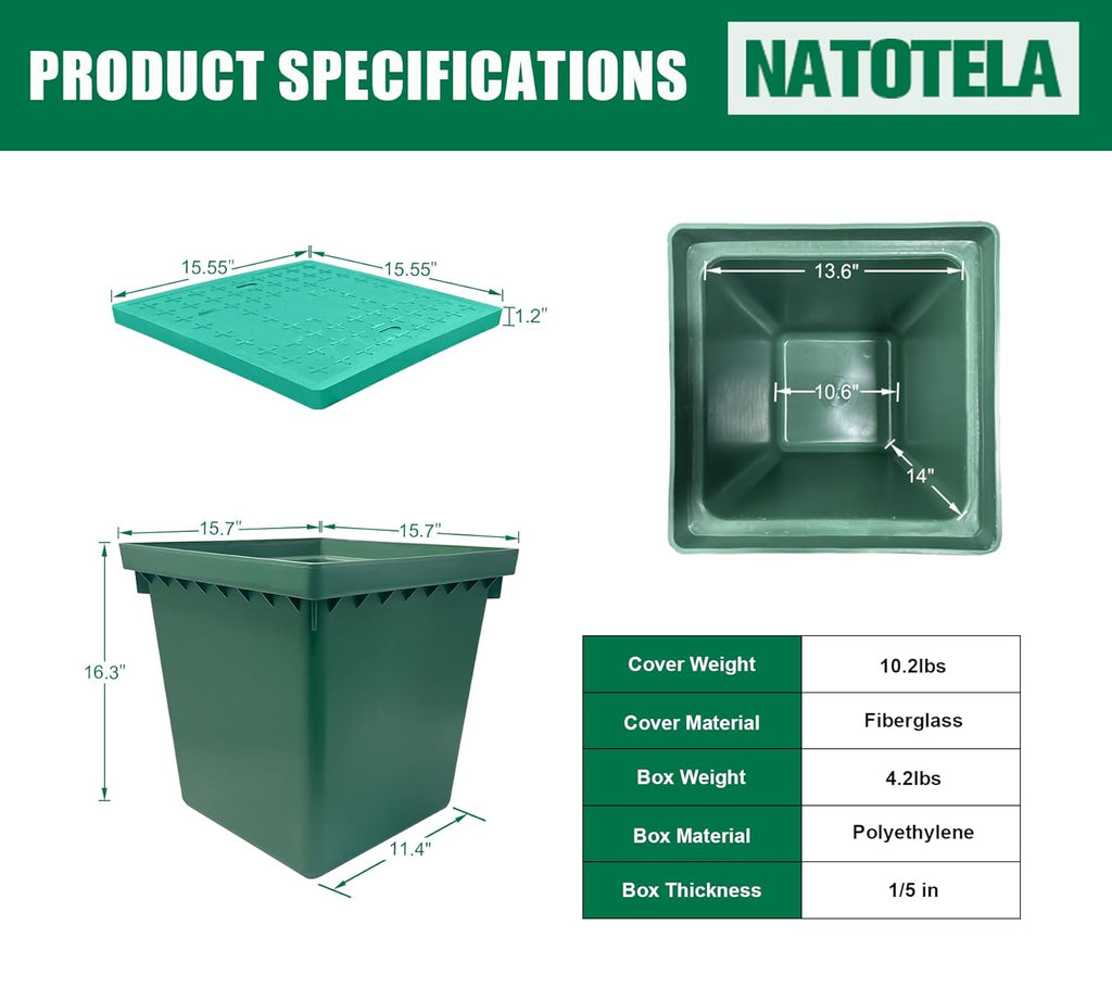 16x16x16in Underground Splice Boxes with Fiberglass Solid Cover,In Ground Pull Box Deep Enclosure Distribution Pit Electrical Junction Boxes Drillable Precast Tapered Pit for Cable Wiring