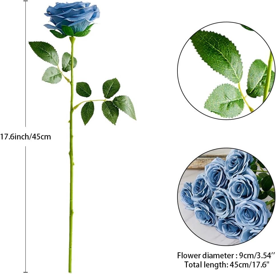 Artificial Rose 10pcs Open Flower Bouquet Faux Rose Stems for Wedding Arrangement, Bridal Bouquet, Centerpiece, Fake Faux Silk Flowers (Dusty Blue)