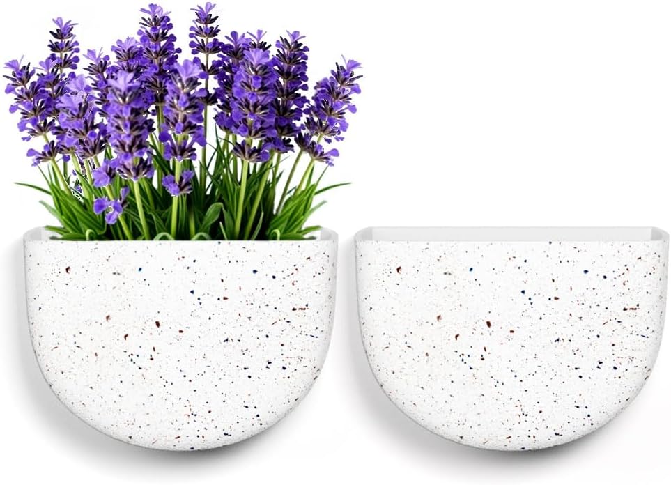 2 Pack Wall Hanging Planter Pots for Indoor and Outdoor Plants, 7 Inch Half-Moon-Shaped Plastic Wall Planter, Wall Mounted Succulent Planters (Speckled White)