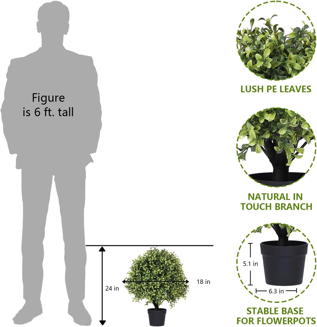THE BLOOM TIMES 2ft Faux Boxwood Plants Outdoor Set of 2, Topiary Balls Artificial Outside Trees, 24" UV Resistant Fake Greenery Bushes & Shrubs for Front Porch Planter