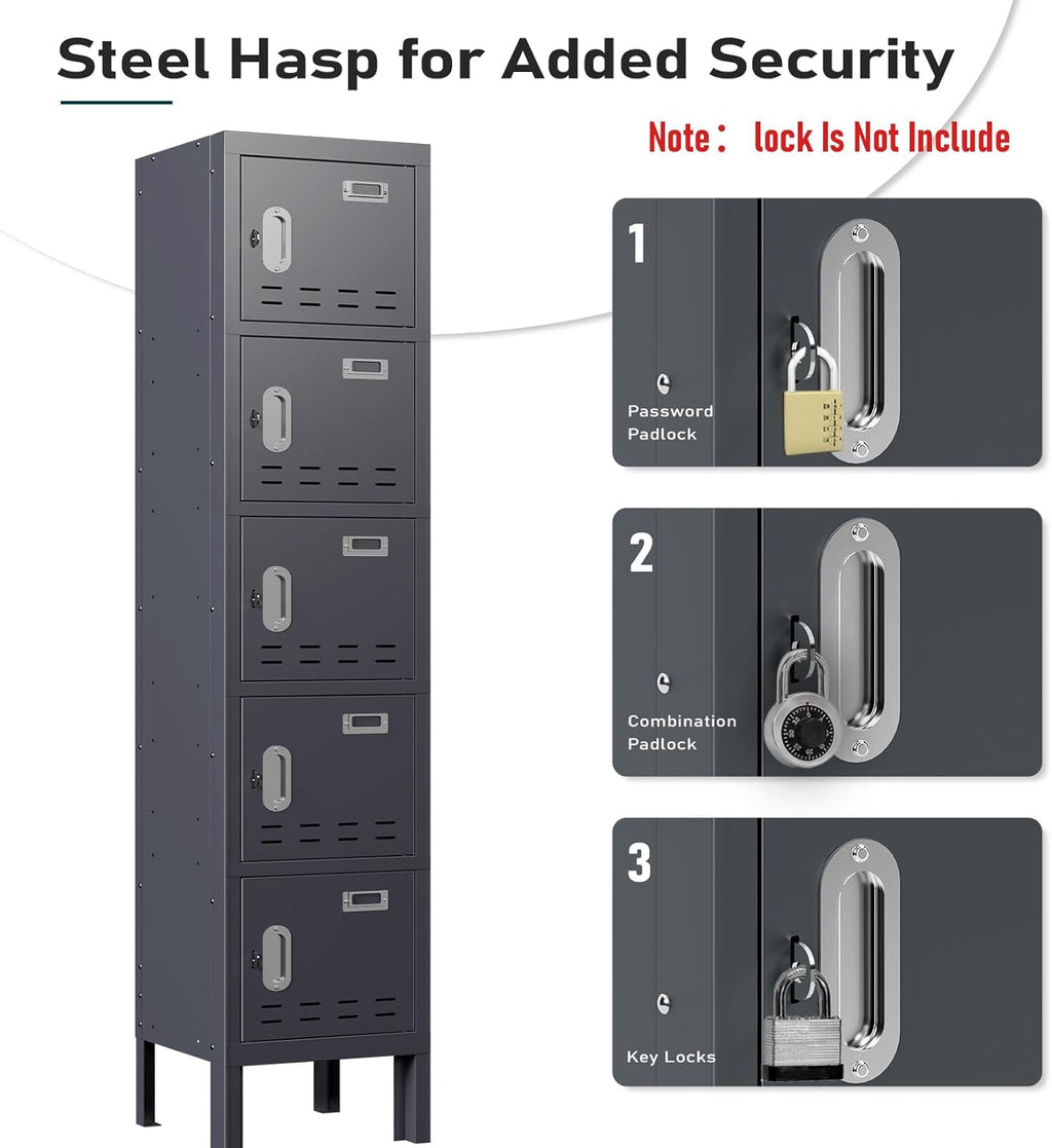 Metal Lockers - 66" Height Steel Lockers for Employees with 5 Door Storage Locker with Card Slot for Employees Gym School Home Office Garage - Assembly Required