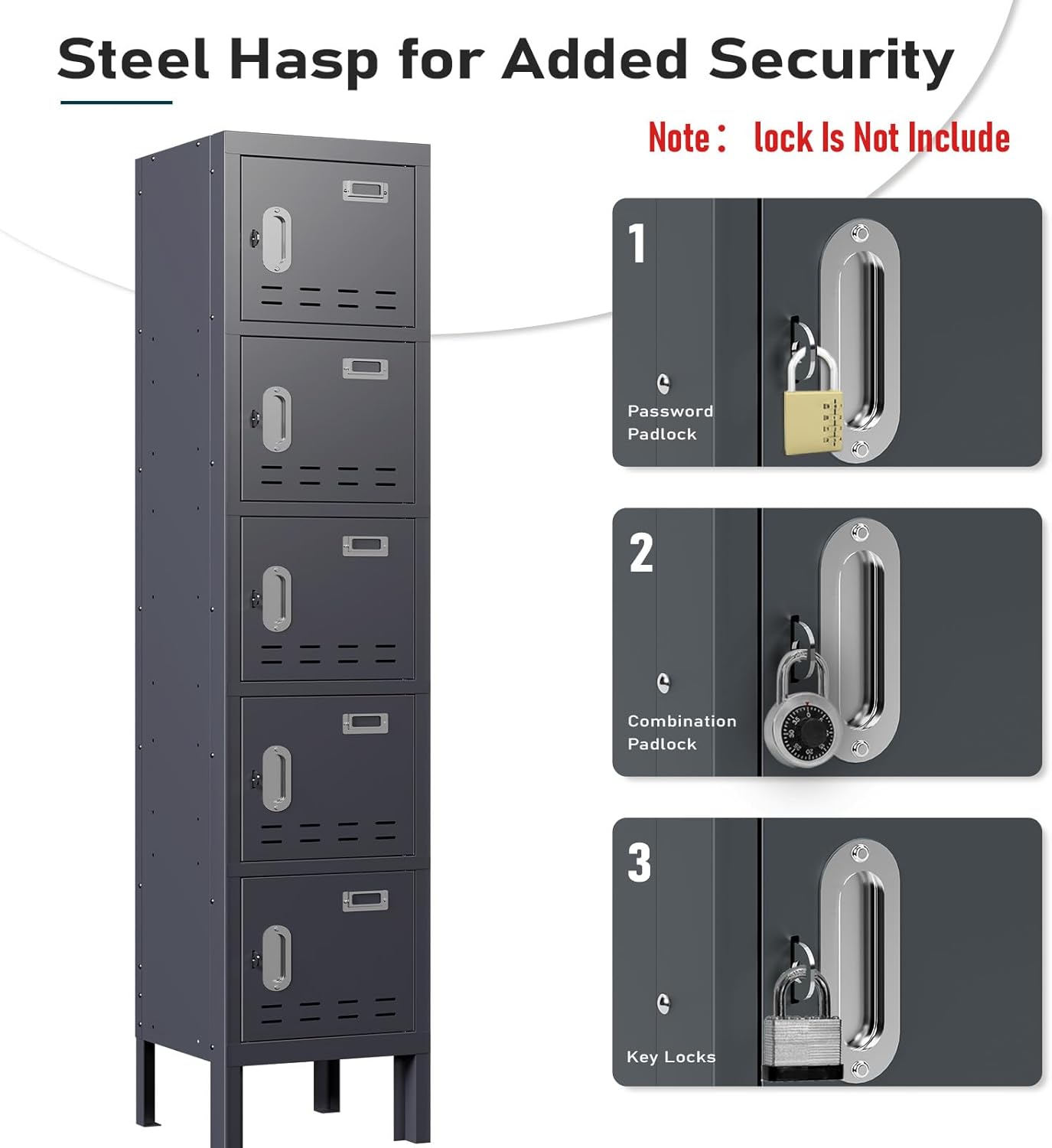 Metal Lockers - 66" Height Steel Lockers for Employees with 5 Door Storage Locker with Card Slot for Employees Gym School Home Office Garage - Assembly Required