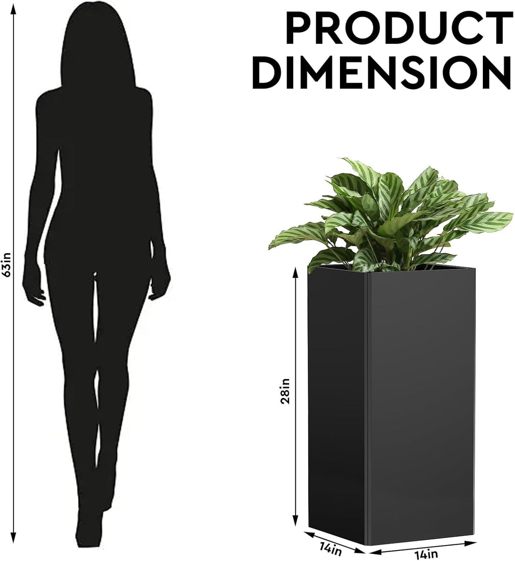 Tall Black Planter 28" Metal Square Large Plant Pots for Indoor Outdoor-Modern Tall Flower Pots for Porch, Patio, Deck, Commercial & Residential(14" Lx14 Wx 28" H)