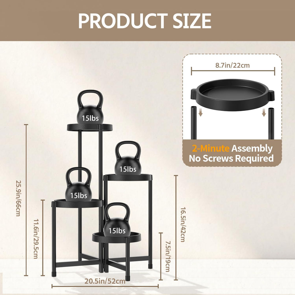 LASZOLA 4 Tiered Folding Plant Stand Indoor for Multiple Large Planter, Tall Heavy Duty Adjustable Rack with Rust Proof Plastic Shelving, Sturdy Vertical Tree Organizer for Narrow Inside Floor, Black