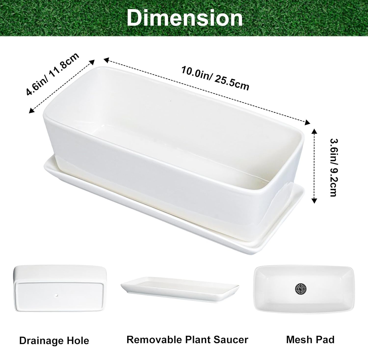 SQOWL Rectangular Planter - 10 Inch Ceramic Pots for Plants with Drainage Hole and Saucer, Succulent Pots for Indoor Outdoor, Cactus Herb Flower Planter, Home Decor, Gifts for Plant Lovers, White