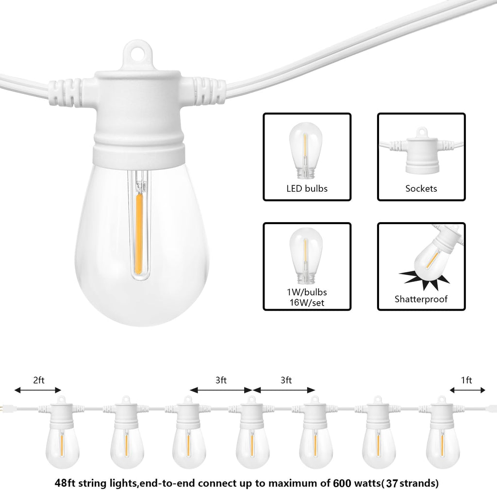 SUNTHIN White String Lights, 48ft White Outdoor Lights with 16 1W Shatterproof LED Bulbs for Patio, Garden, Backyard, Porch, Cafe, Deck, Wedding, Party
