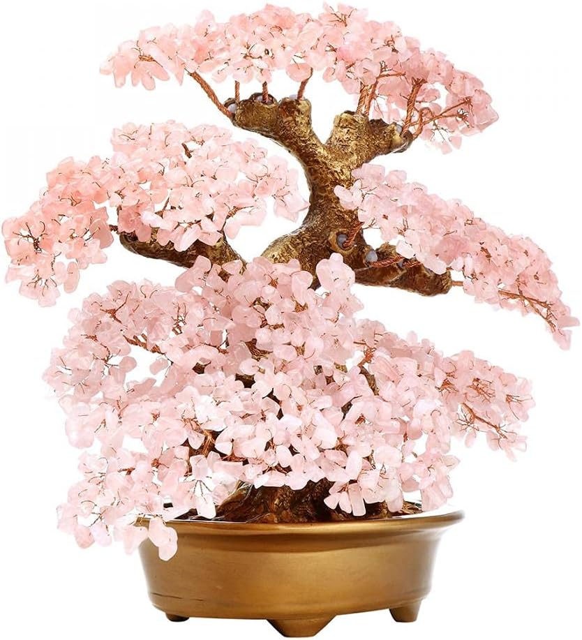 Feng Shui Money Tree Large Pine Tree Style Crystal Quartz Lucky Tree Gem Tree for Office Home Feng Shui Decoration for Wealth/Fortune and Luck (Pink)