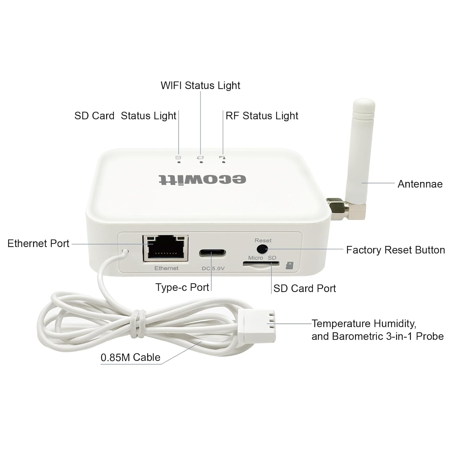 Ecowitt GW3000 Wi-Fi & Ethernet Weather Station Gateway, with Built-in Temperature, Humidity and Barometric Sensors with SD Card Port, 915 MHz