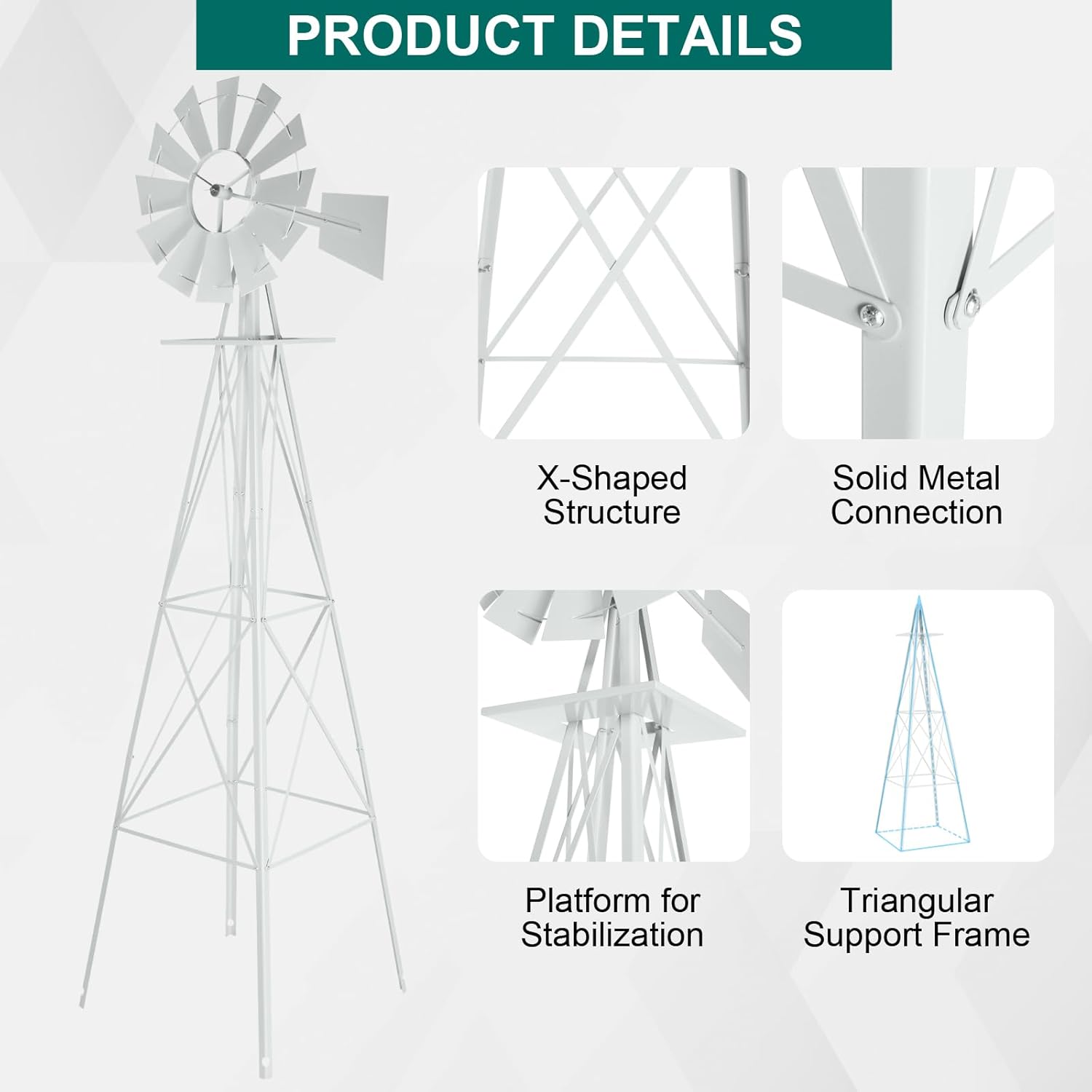 VINGLI 8FT Ornamental Windmill Backyard Garden Decoration Weather Vane, Heavy Duty Metal Wind Mill w/ 4 Legs Design,White
