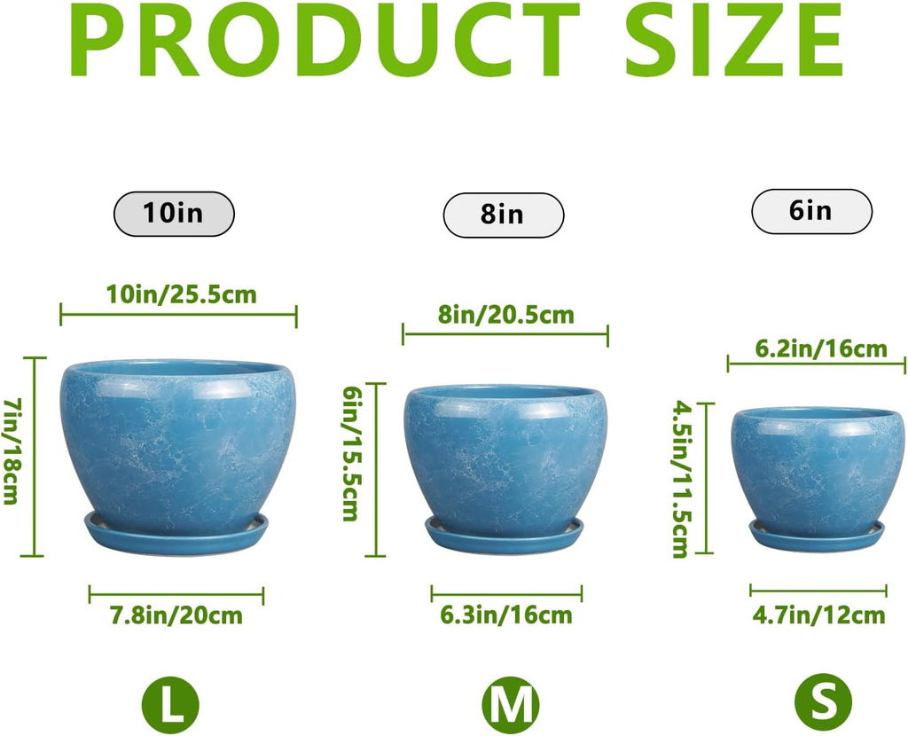 Ceramic Plant Pots - 10+8+6 Inch Modern Round Planters for Indoor Outdoor with Drainage Holes and Plant Saucers, Room Patio House Office Decor, Gardening Gifts for Women Men, Set of 3, Blue