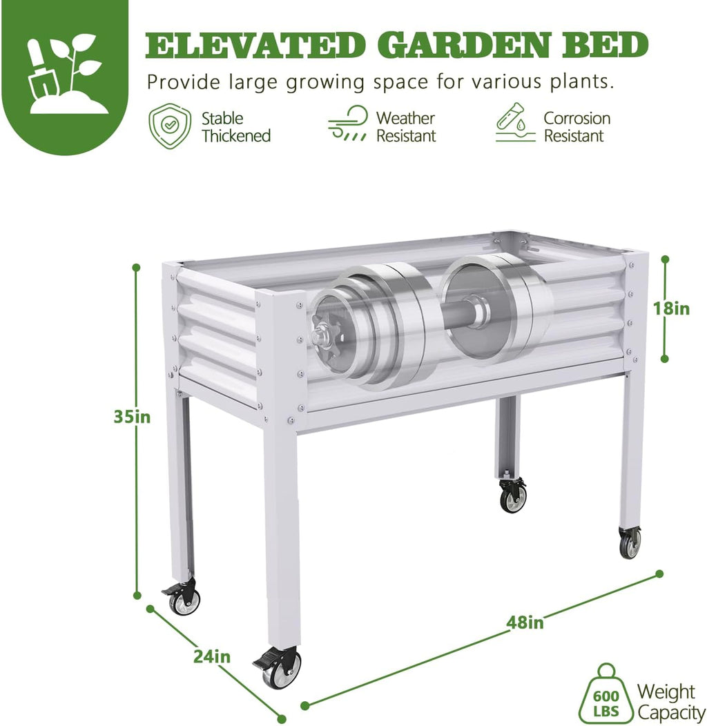 A ANLEOLIFE 6-Set Galvanized Raised Garden Bed with Legs,48x24x35in Large Elevated Planter Box on Wheels with Drainage Holes for Backyard, Balcony, Patio, 600lb Capacity, Antique White