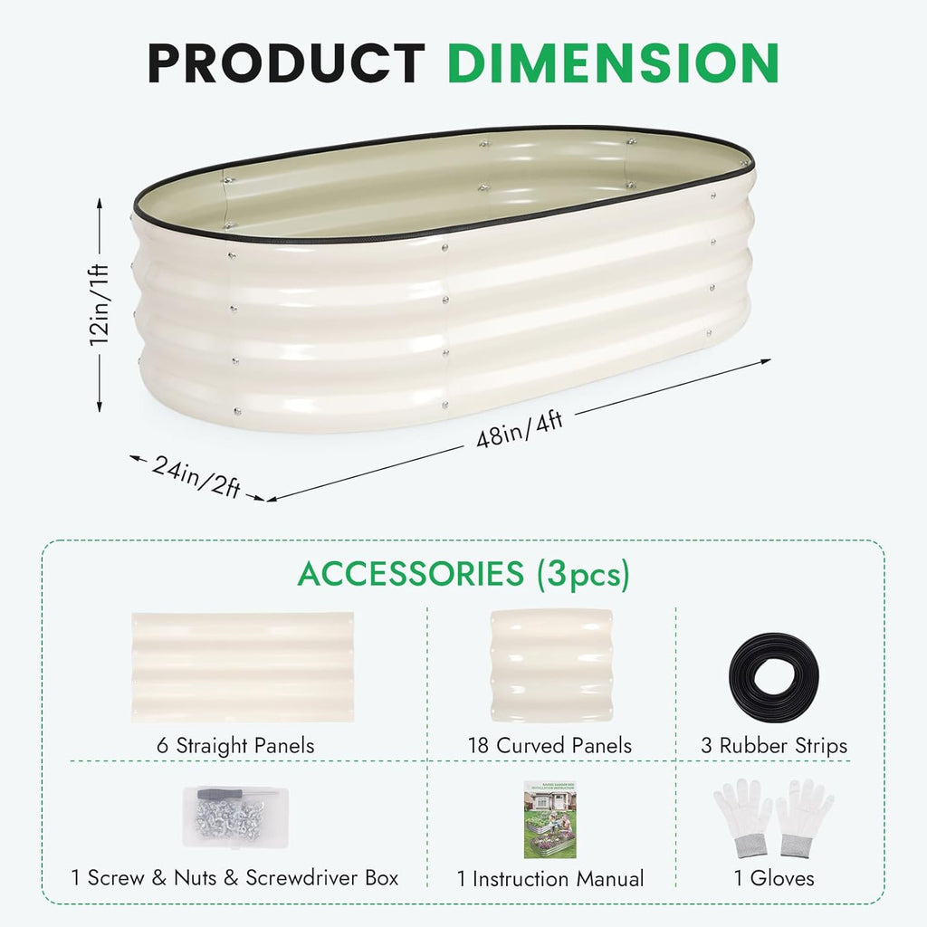 INNO STAGE 3Pcs Galvanized Raised Garden Bed Kit, Outdoor Metal Raised Garden Beds for Vegetables, Rust-Resistant & Easy Assembly, 4x2x1ft Oval Raised beds for Gardening, Flowers, Herbs (White)