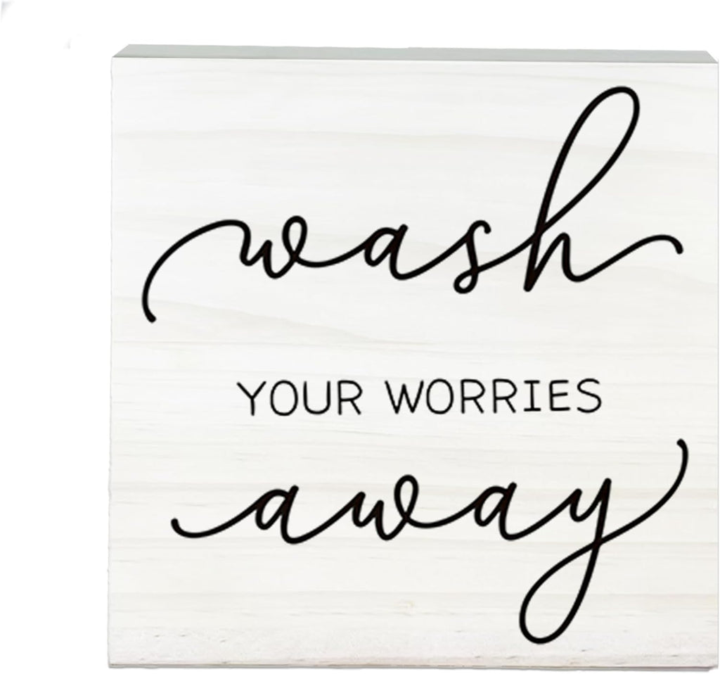 Funny White Wooden Sign-Wash Your Worries Away Block Plaque Desk Decoration-5x5 inches Inspirational Wood Block Gifts For Friends Family-Laundry Room Restroom Bathroom Tabletop Favors & Supplies-A09