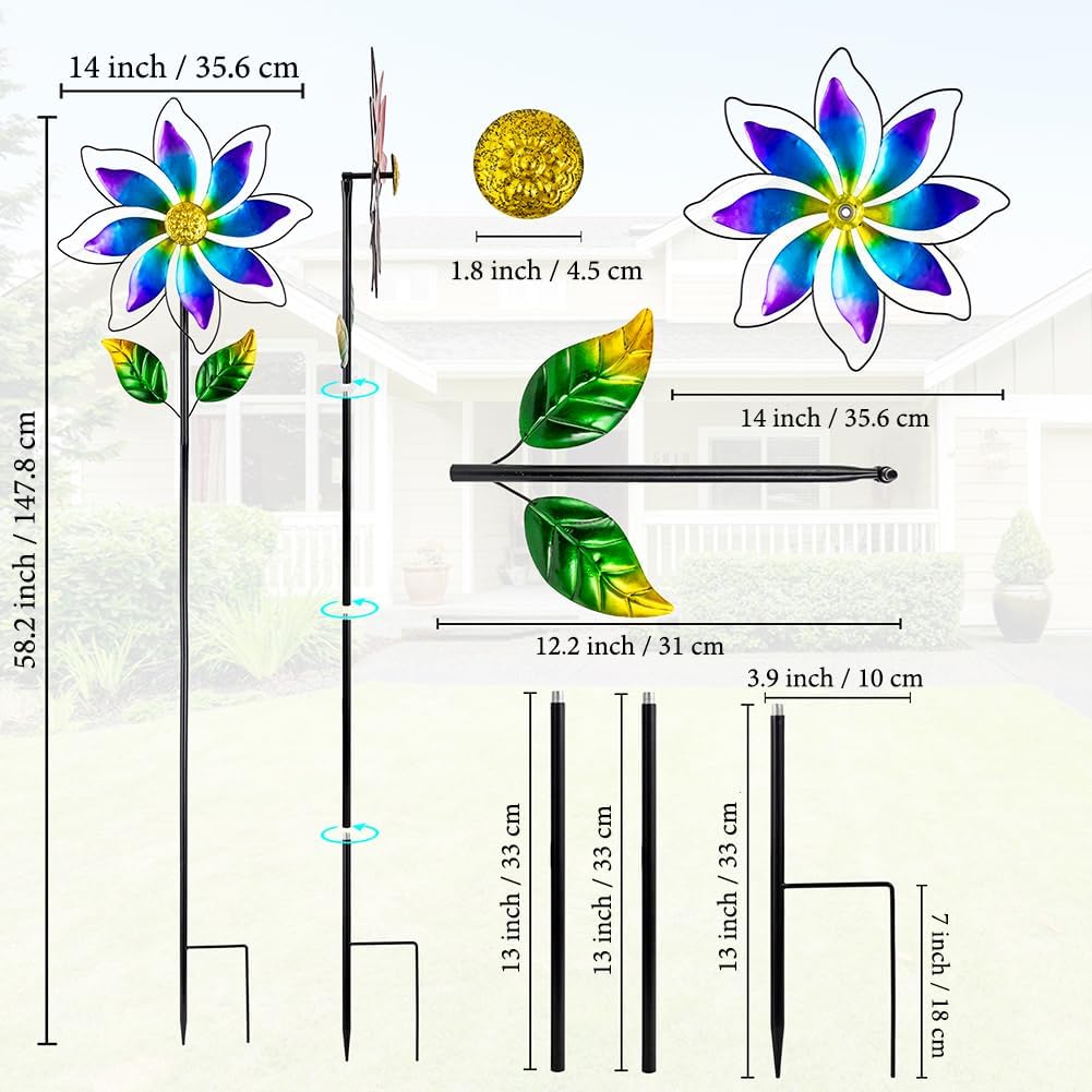 14'' Wind Spinners Outdoor, Flower Kinetic Wind Sculpture & Spinners, Metal Wind Spinners for Yard Garden Patio Decor (Purple)