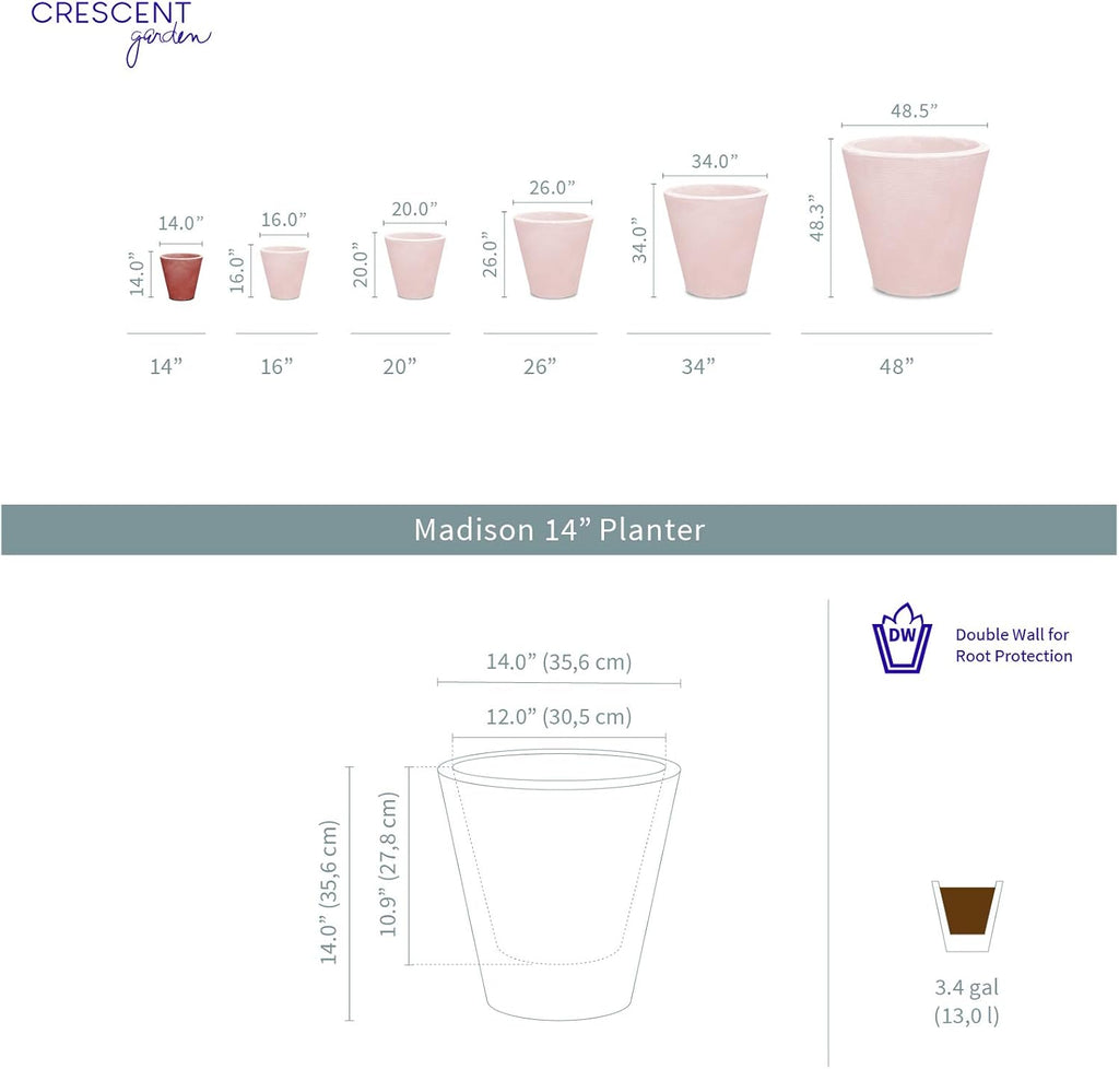 Crescent Garden Madison Planter– Weather-Resistant, Double Walled Indoor/Outdoor Plant Pot with Drain Hole – Durable All-Season Flower Container, 14" W (Bark)