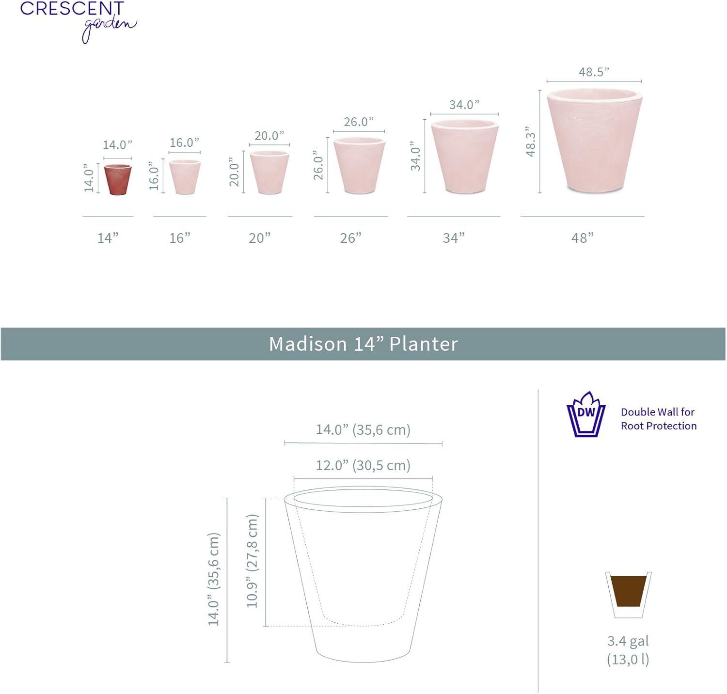 Crescent Garden Madison Planter– Weather-Resistant, Double Walled Indoor/Outdoor Plant Pot with Drain Hole – Durable All-Season Flower Container, 14" W (Old Bronze)