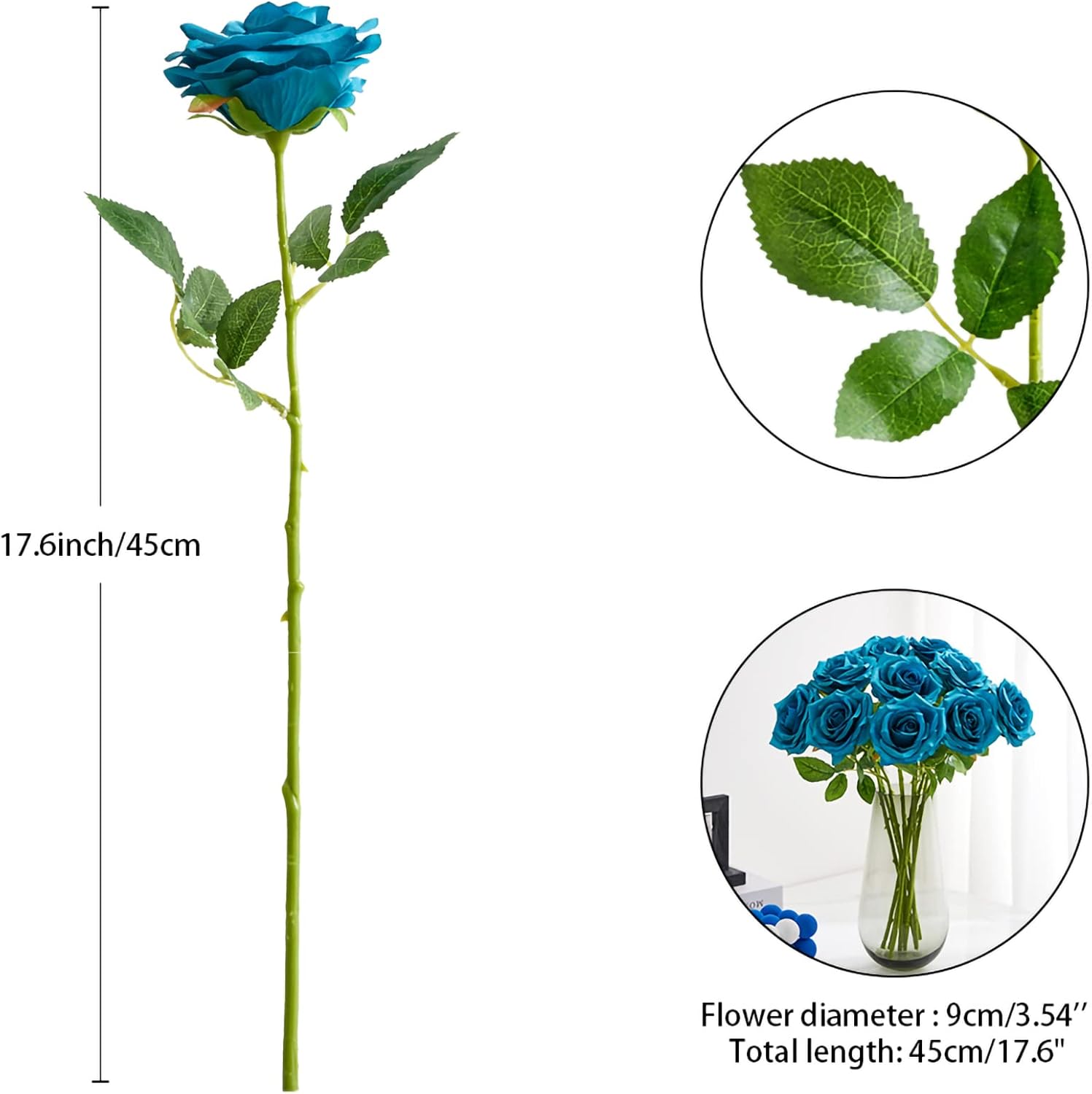Teal Artificial Rose 10pcs Open Flower Bouquet Faux Rose Stems Turquoise Blue Roses for Wedding Arrangement, Bridal Bouquet, Centerpiece, Fake Faux Silk Flowers