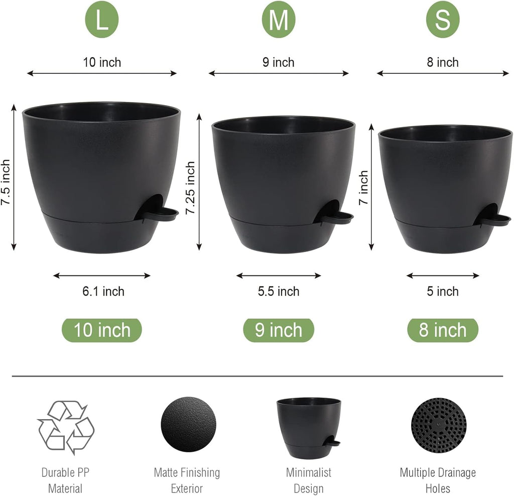 10/9/8 inch Self Watering Pots, Set of 3 Plastic Planters with Mesh Drainage Holes and Deep Reservoir for Indoor Outdoor Garden Plants and Flowers, Black