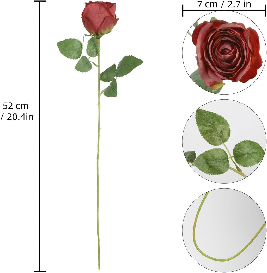 12 pcs Roses Artificial Flowers Vintage Red Burnt Edge Rose 20" Realistic Silk Roses Bouquet with Long Stem for Wedding Party Floral Centerpieces Decoration (Vintage Red)