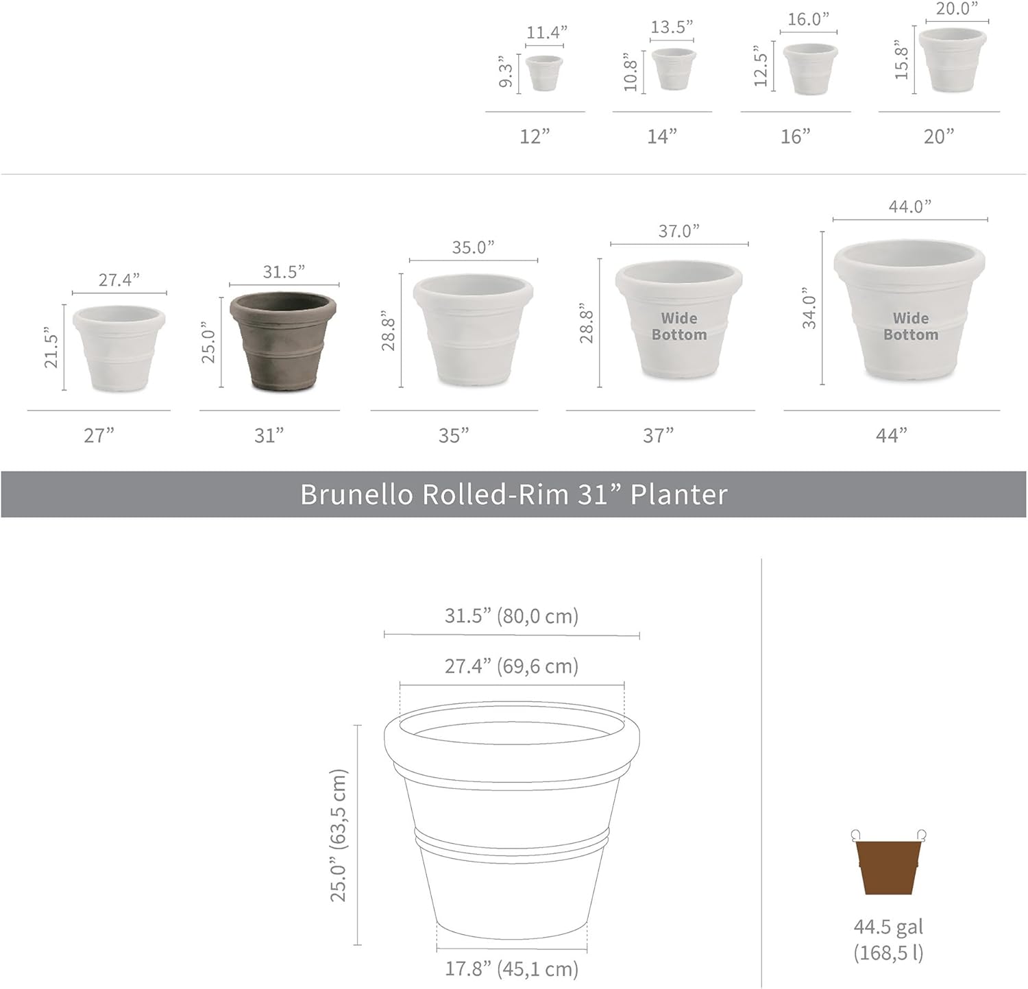 Crescent Garden Brunello Planter, Classic Rolled-Rim Plant Pot, 31-Inch (Weathered Concrete)