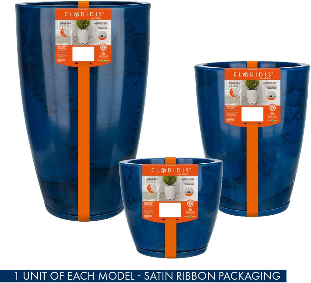 Floridis Planter, Set of 3, Outdoor/Indoor, Plastic Resin (Blue - Marble Effect)