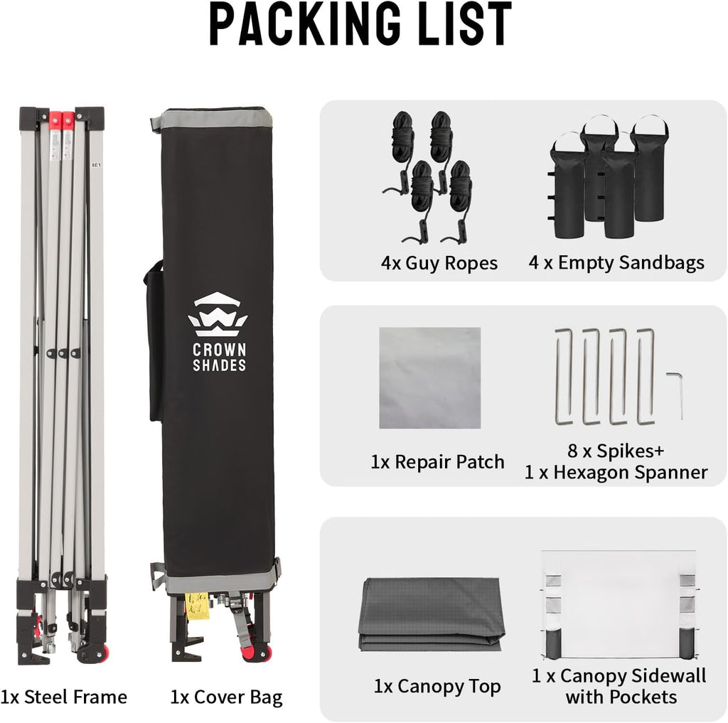 CROWN SHADES Canopy Tent 10x10 Pop Up Canopy Outdoor Shade with Pockets Sidewall, Easy Up Sun Shelter with One Person Set Up Center Lock, Portable Instant Camping Beach Canopies Tents, Grid Grey