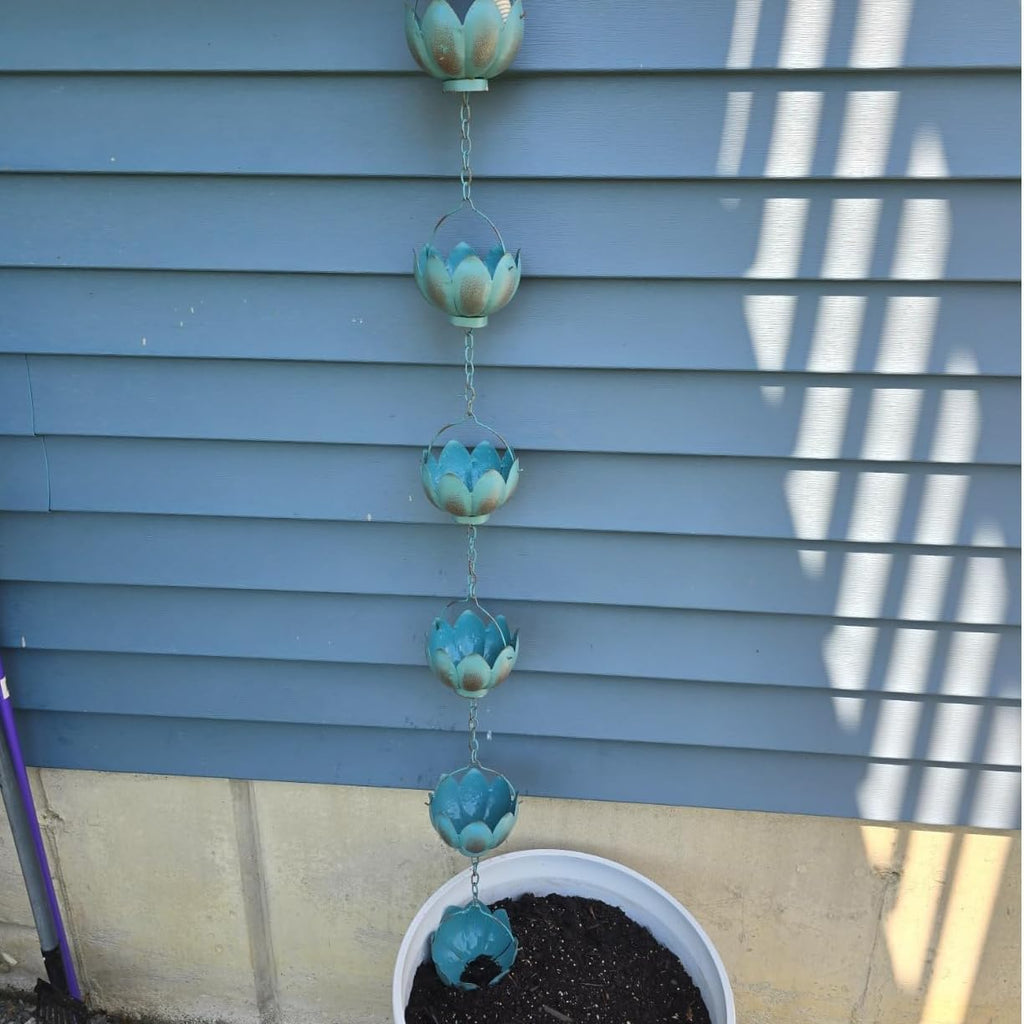 Topadorn 8.5 FT Rain Chain Iron Gutter Chains with 12 Rain Collector Thick Iron Flower Cups Garden Decoration,Lake Blue