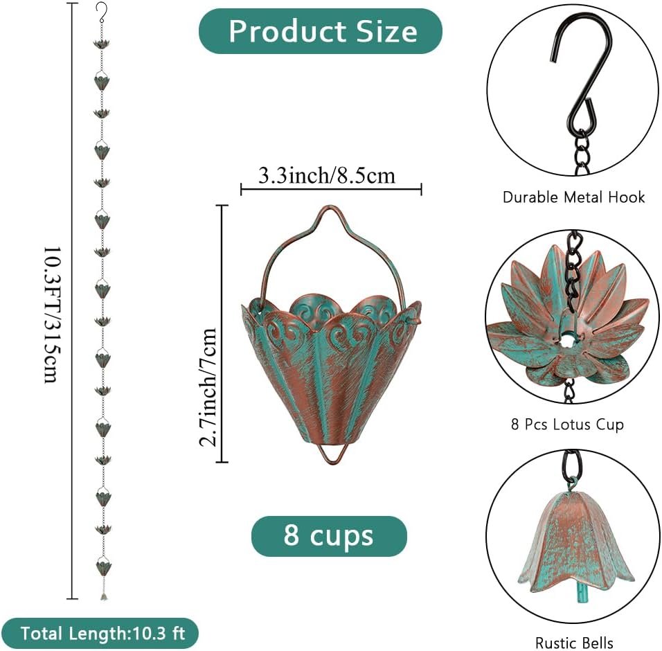 10.3FT Lotus Rain Chains for Gutters, Rain Chains with 16 Cups, Adjustable Rain Catcher Chain for Outside, Replacement Downspout for Gutters, Eaves, Drainage