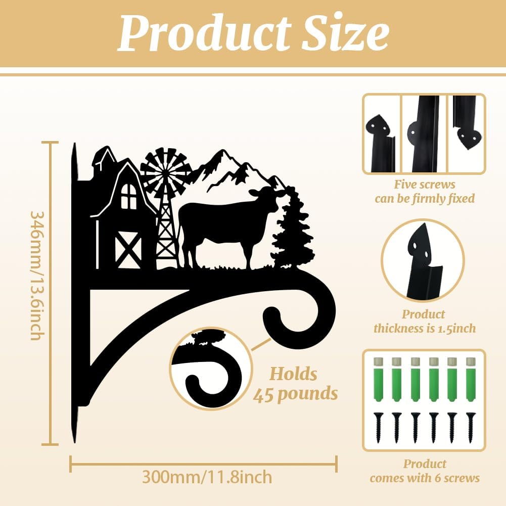 peacoblue Iron Plant Hangers Hooks for Outdoor Indoor Hanging Plants Flower Fern Pots Lantern Bird Feeder,11.8"x13.6" Weather Resistant Metal Wall Holder for Porch Garden Farmhouse(Farm Cow)