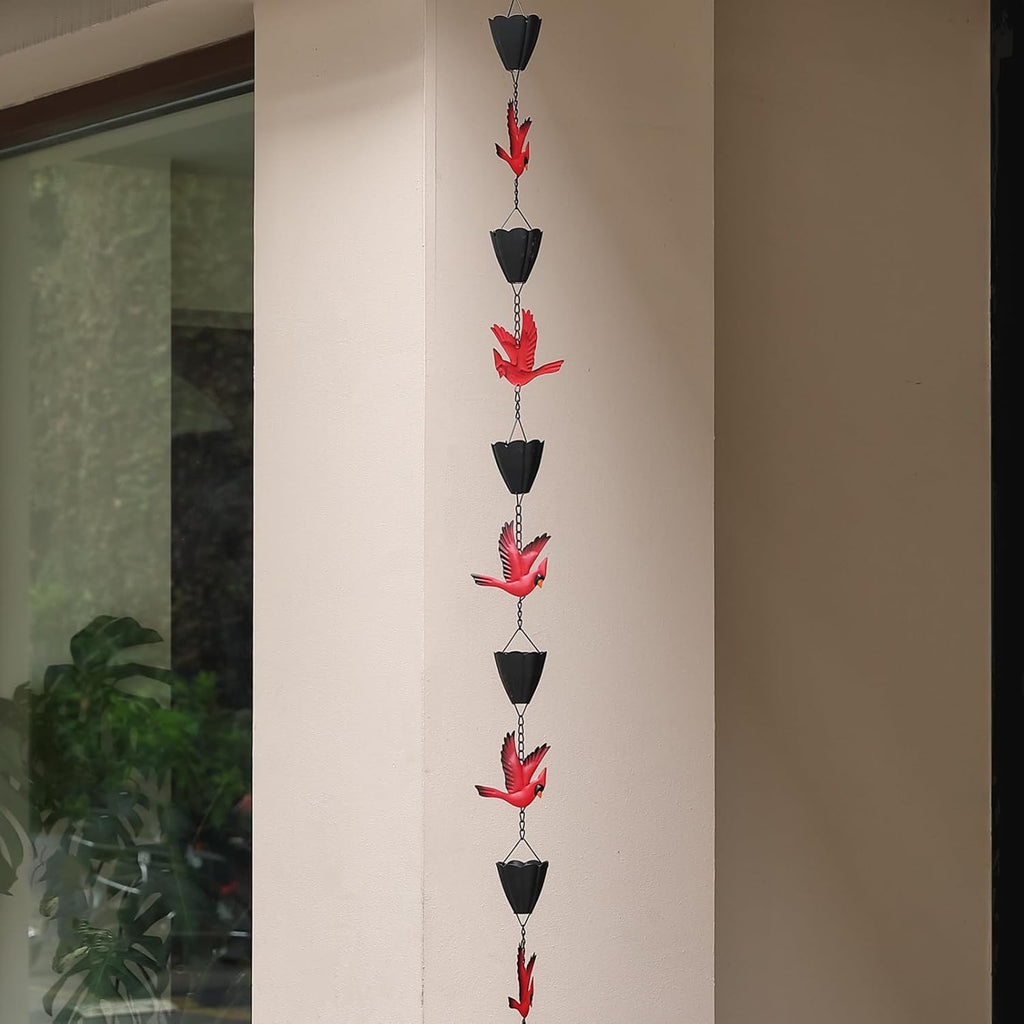 Cardinal Rain Chain, 8.5Ft Rain Chains for Gutters and Downspouts, Metal Decorative Rain Catcher Chain, Bird and Cup Rainwater Gutter Chimes for Outside, Outdoor Garden Decor