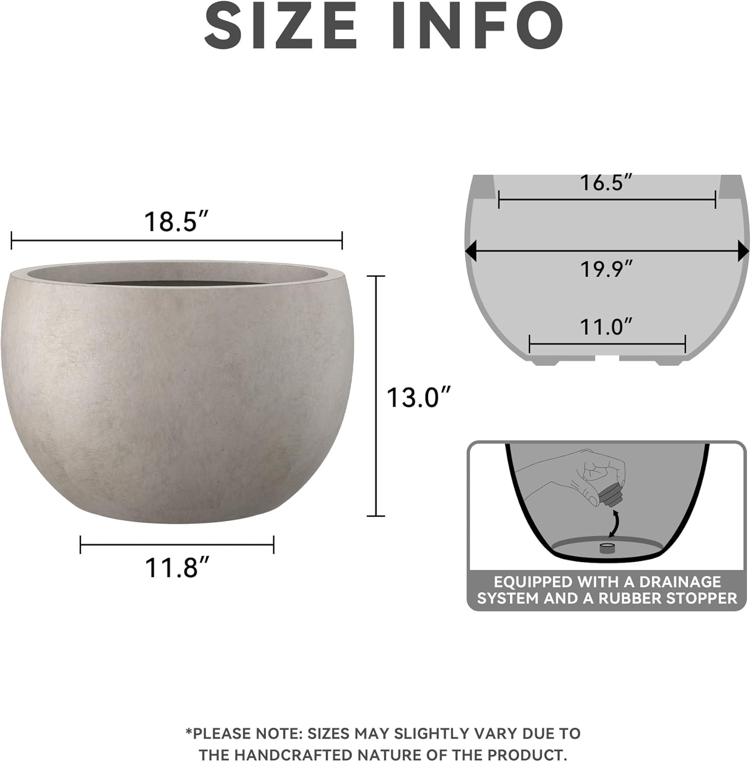 Kante 19.9" Dia Round Concrete Planter, Outdoor/Indoor Large Bowl Plant Pots with Drainage Hole and Rubber Plug for Garden Patio Balcony Home, Weathered Concrete