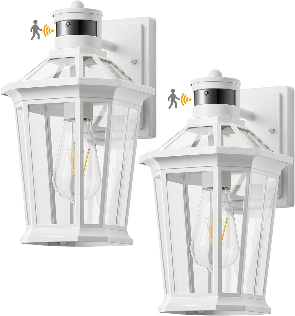 VIANIS Motion Sensor Outdoor Light Fixtures Wall Mount, 2 Pack White Dusk to Dawn Exterior Wall Lantern, Anti-Rust Wall Mount Lighting with Clear Glass Shade for House, Entryway, Front Door