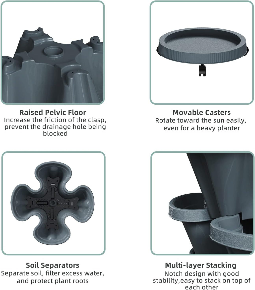 7 Tiered Strawberry Vertical Planter Tower Garden 3 Pack, Stackable Planter Herb Garden Planter with Movable Casters and Bottom Saucer Indoor and Outdoor - Dark Grey