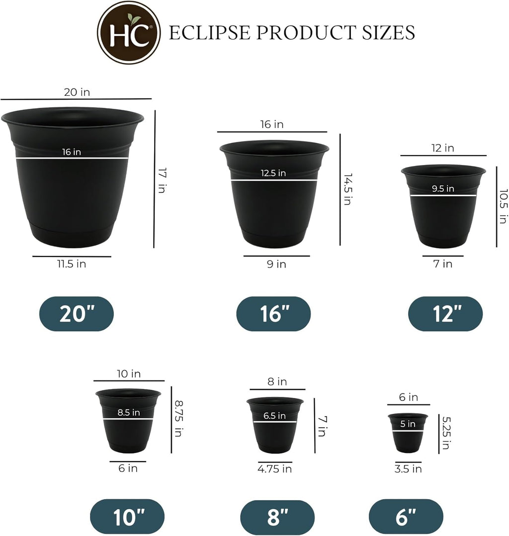The HC Companies Eclipse Round Planter with Saucer - Outdoor & Indoor Plant Pot with Drainage Holes - Lightweight, UV-Resistant Plastic Pots for Plants, Flowers & Herbs (8" Black, Pack of 1)