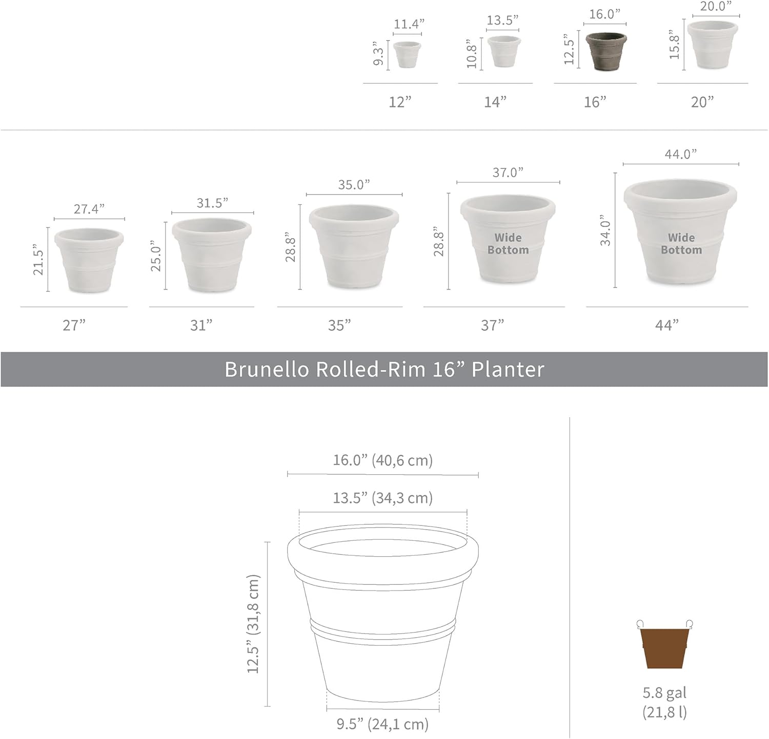 Crescent Garden Brunello Classic Rolled Rim Planter Pot, Indoor/Outdoor Weather-Safe Round Plant Pot, 16'' (Terracotta Color)