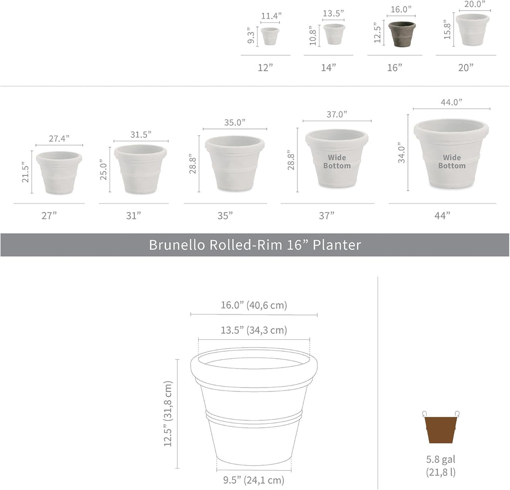 Crescent Garden Brunello Classic Rolled Rim Planter Pot, Indoor/Outdoor Weather-Safe Round Plant Pot, 16'' (Caviar Black)