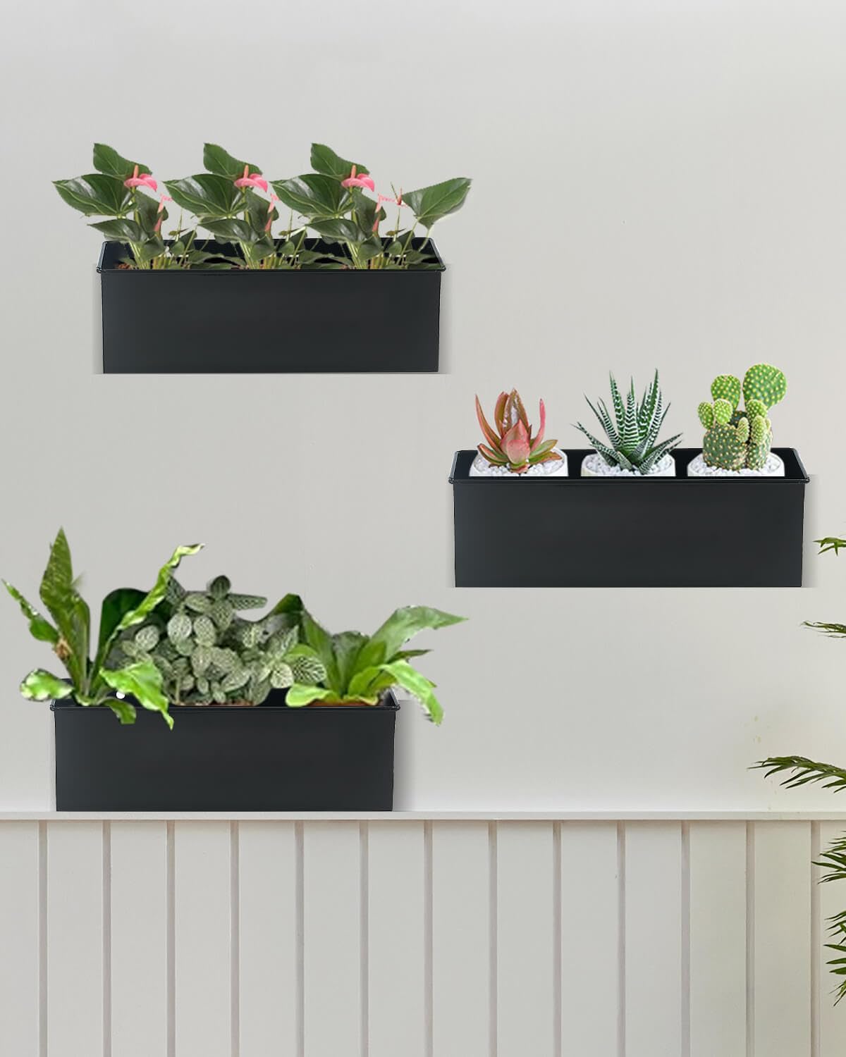 vensovo Metal Wall Hanging Planter Boxes – 12" Rectangle Flower Pots, 3 Pack with Drainage, Durable Galvanized Finish for Indoor Outdoor Balcony Fence Windowsill, Black