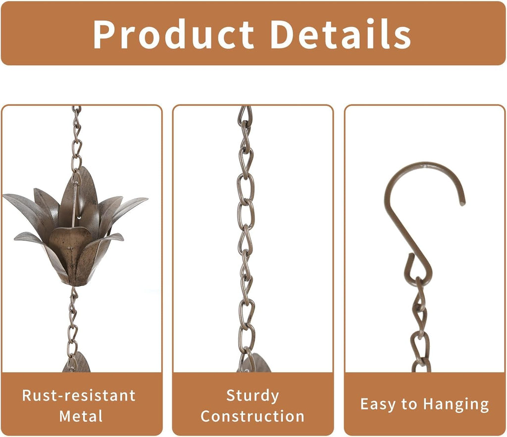 DUSVALLY Rain Chain, 7.88 FT Metal Flower Rain Chain, Functional and Decorative Replacement for Gutter Downspouts, Adjustable, Antique Silver