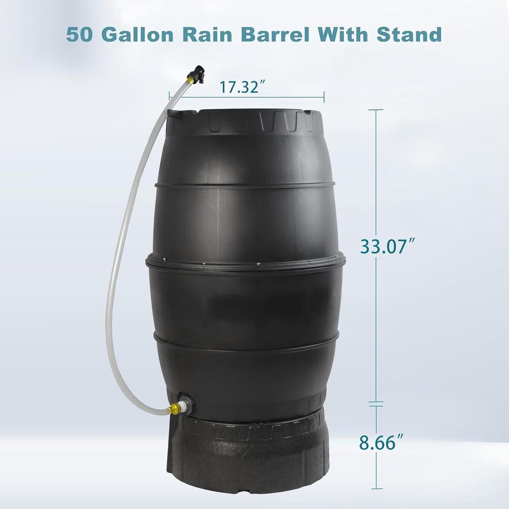 SQUEEZE master 50 Gallon Rainwater Collection Barrel with Stand-BPA Free Home Rain Catcher with Outlet Hose-Flatback Designed Water Storage Collection Barrel for Gardens and Plants