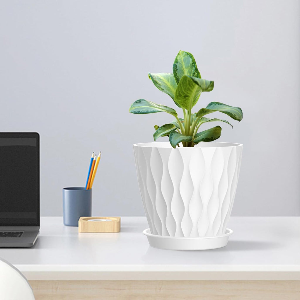 6 inch Flower Pots, 5 Pack Plant Pots for Indoor Outdoor Plants, Water Ripples Plastic Planters with Drainage Holes and Saucers, Nursery Pots for Small Succulent Garden House Plants, White