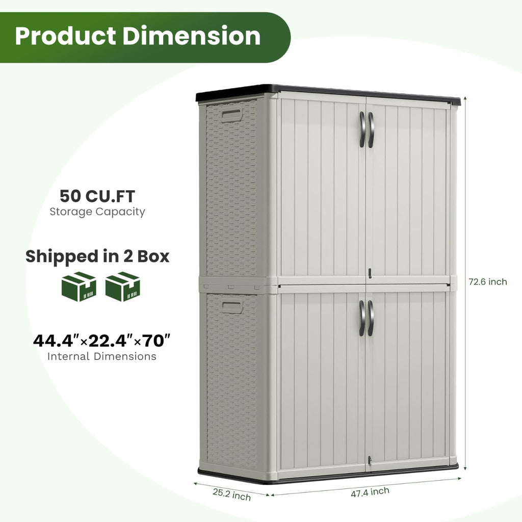 Greesum Outdoor Storage Shed Without Divider, 45 cu.ft Outdoor Waterproof Storage Cabinet for Garden Tools, Pool Storage, Garbage Cans, Beige