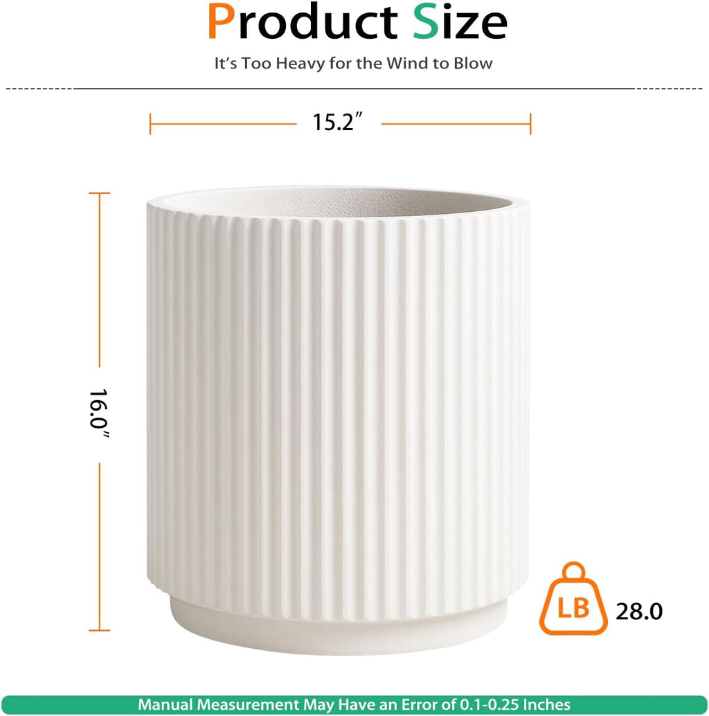 Round Concrete Planter Outdoor Indoor, Large Cement Plant Pots for Flowers (Vertical White, 16 inch)