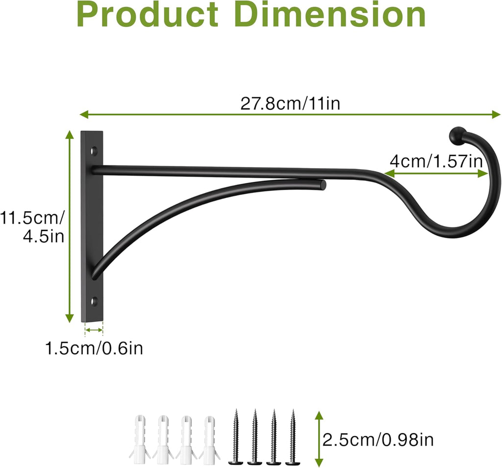 Outdoor Plant Hanging Hooks for Wall: 11 Inch Black Metal Bracket for Hanging Baskets, Bird Feeders, Wind Chimes, Flower Baskets, Yoga Mat, Lanterns. 1 Pack