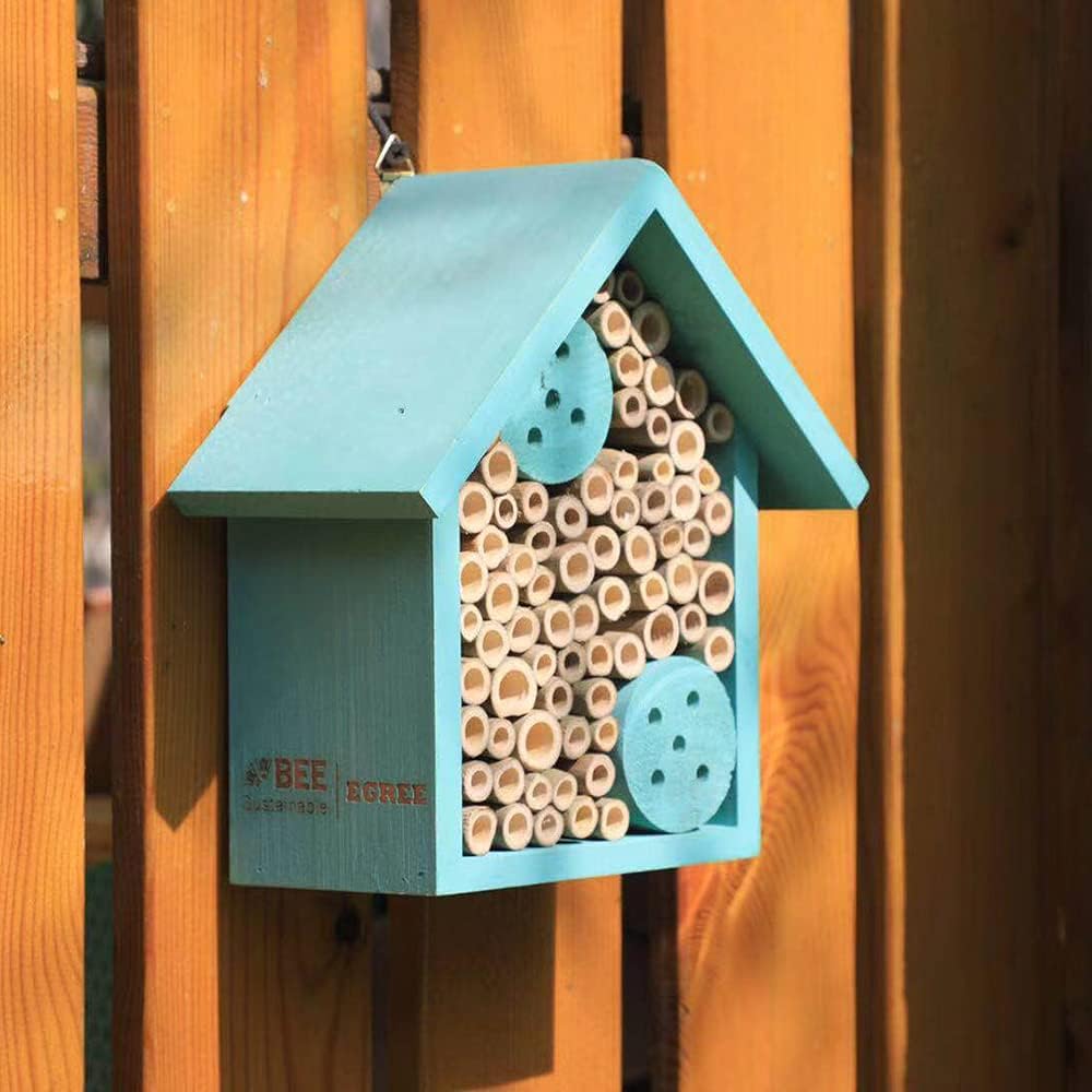 Mason Bee Houses Outdoor Wooden Blue Bee Hotel for Garden and Yard Hand-Made Bamboo Bee Hive for Bees Butterflies and Ladybugs, Medium Size 8"x7.5"x5"