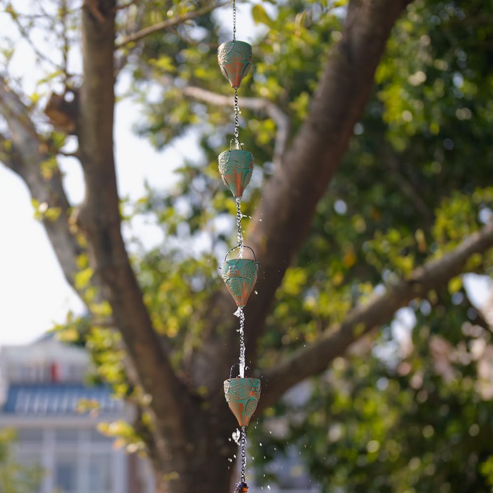 10 FT Rain Chain for Outside, Rain Chain with 10 Bee Pattern Cups Adjustable Rain Catcher Chain for Gutters, Eaves, Drainage, Replacement for Downpout