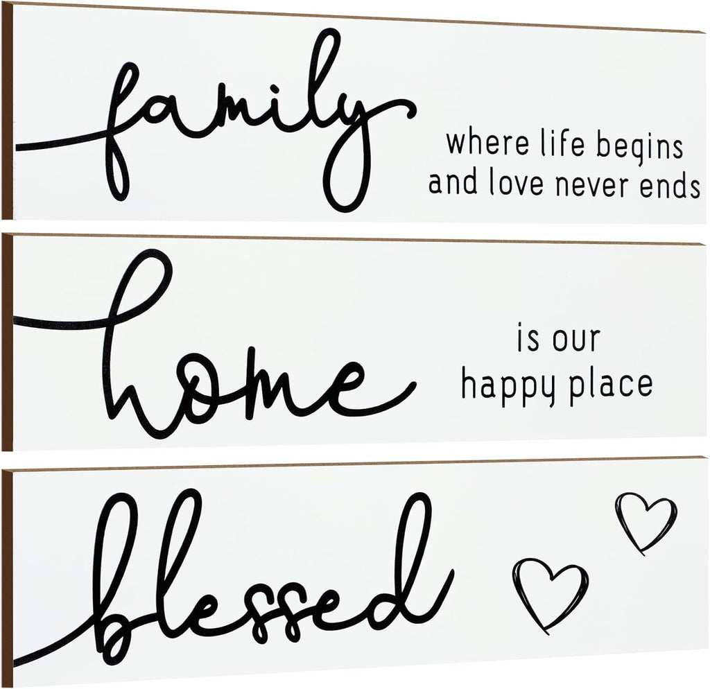Jetec 3 Pieces Rustic Wood Sign Wall Decor Live Love Blessed Family and Love Quote Sign Farmhouse Wall Mount Decoration for Home Kitchen Living Room, 12 x 3 x 0.2 Inch(White, Black,Novel)